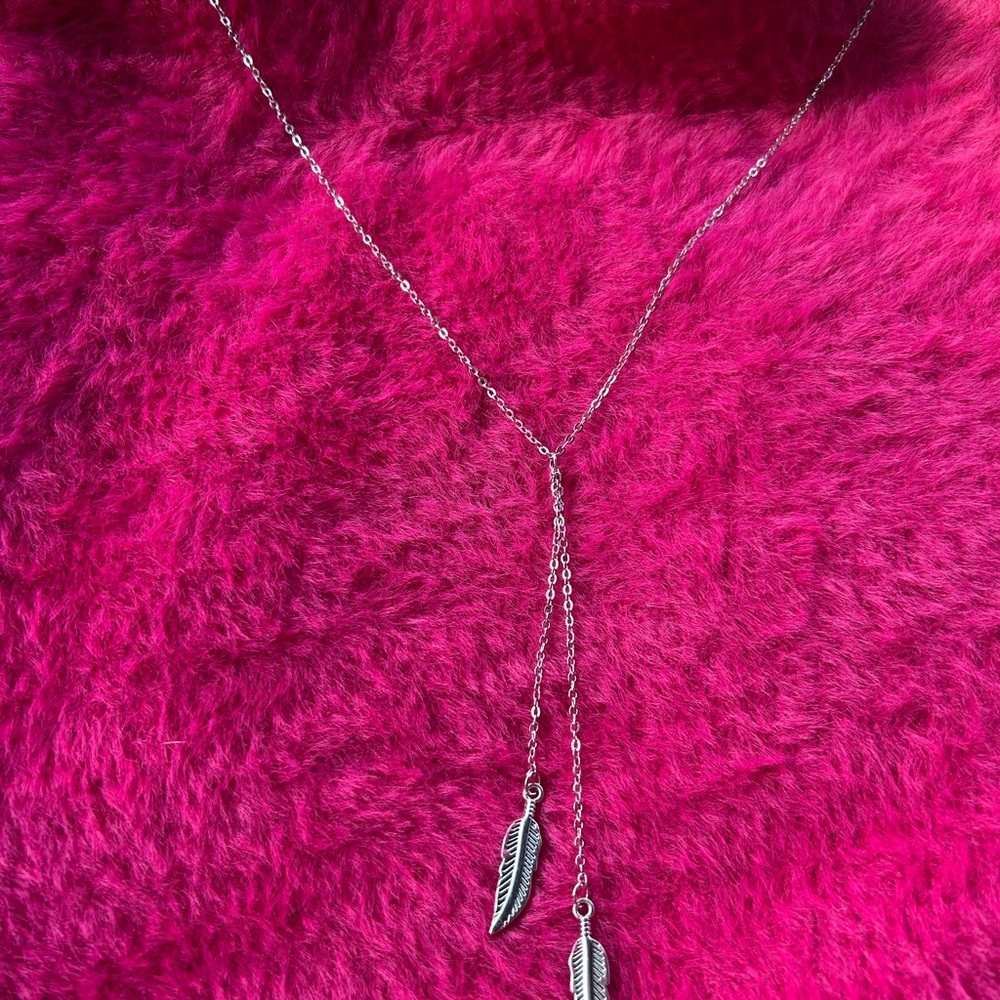 Silver Y-Shape Necklace with Feather and Geometric Charms
